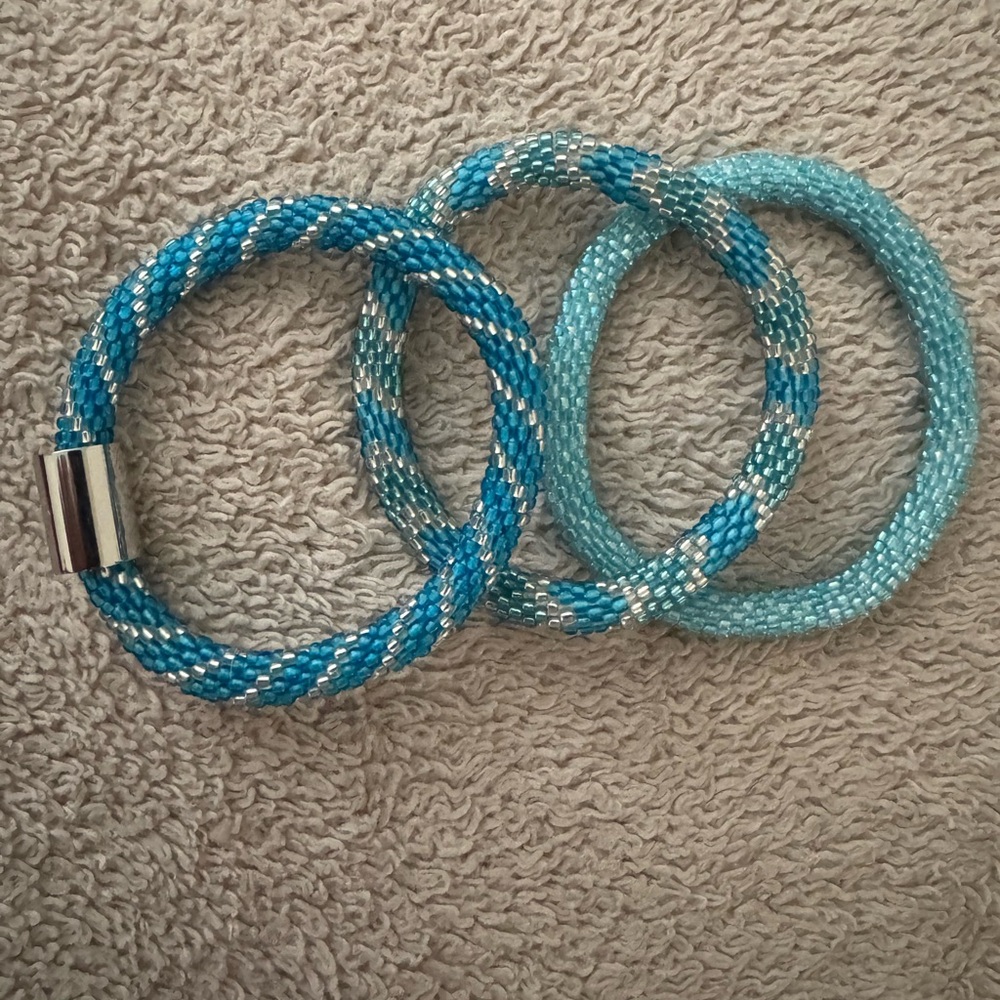Set of Three Blue and Silver Braided Bracelets